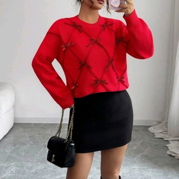 Elegant Commute & Party Occasion Red Argyle Bow Knit Sweater, Long Sleeve Crew - Picture 1 of 4